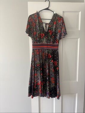 Anthropologie Black Floral Midi Dress with Red & Purple Accents